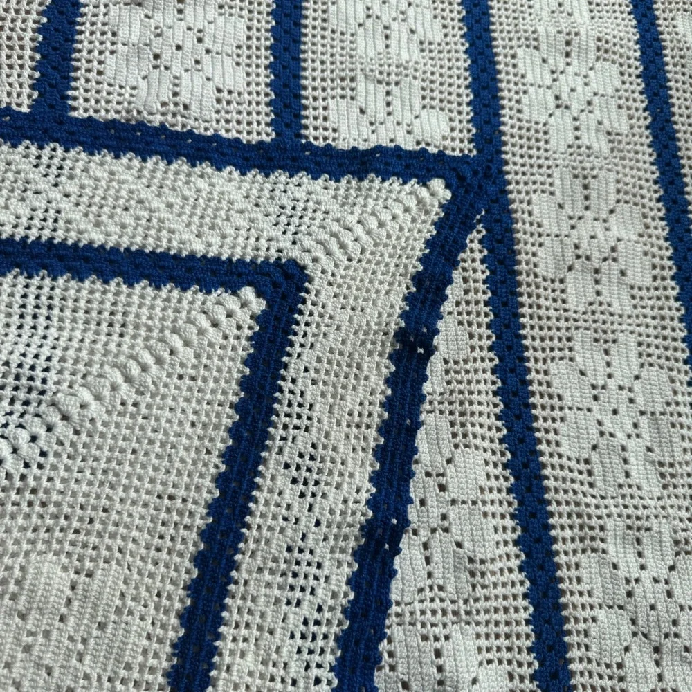 Handmade Filet Crochet Bedspread Twin Blue White Excellent Cottagecore